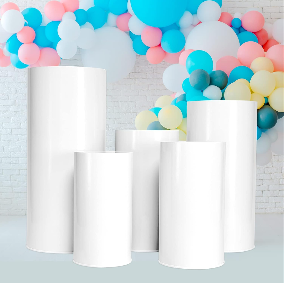 Seamless Cylinder Pedestal Stands - Cake & Dessert Table Pillars - 0.7mm Thick White Metal Party Columns - Decorative Displays for Wedding