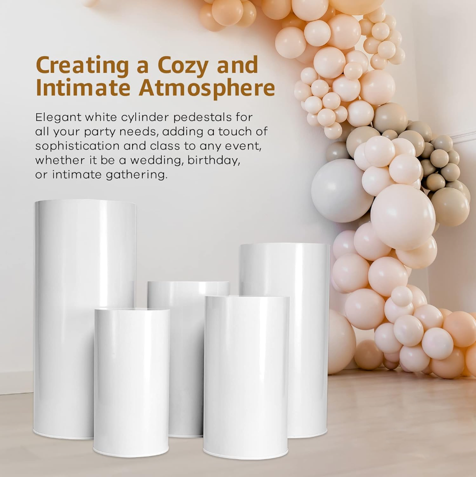 Seamless Cylinder Pedestal Stands - Cake & Dessert Table Pillars - 0.7mm Thick White Metal Party Columns - Decorative Displays for Wedding
