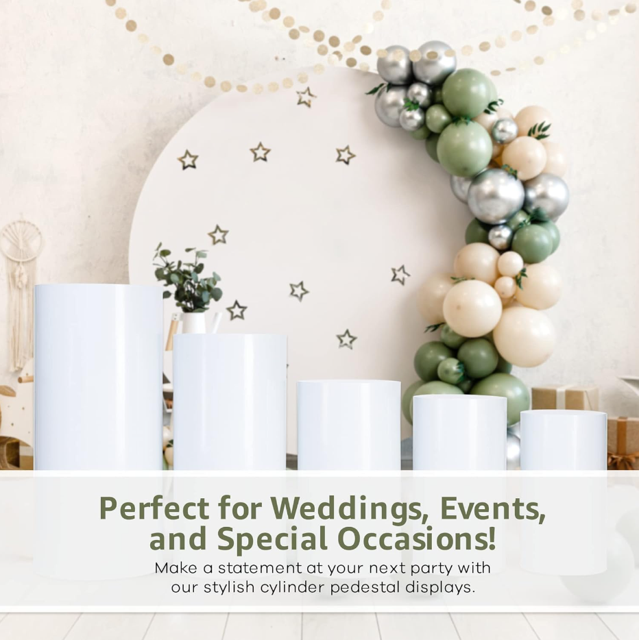 Seamless Cylinder Pedestal Stands - Cake & Dessert Table Pillars - 0.7mm Thick White Metal Party Columns - Decorative Displays for Wedding
